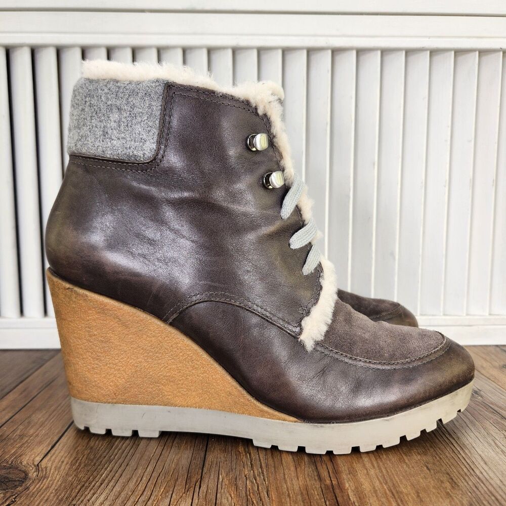 Cole Haan Henson Wedge Booties Womens Size 9.5 B Brown Waterproof Leather Boots